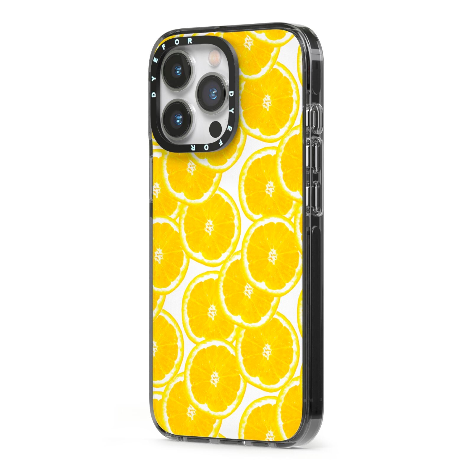 Lemon Fruit Slices iPhone 13 Pro Black Impact Case Side Angle on Silver phone