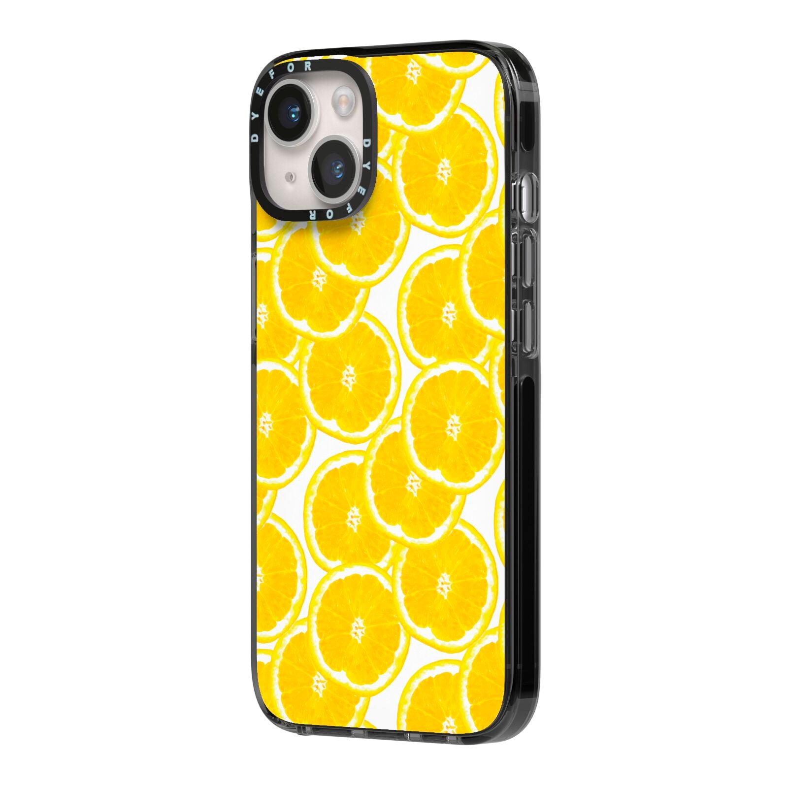 Lemon Fruit Slices iPhone 14 Black Impact Case Side Angle on Silver phone