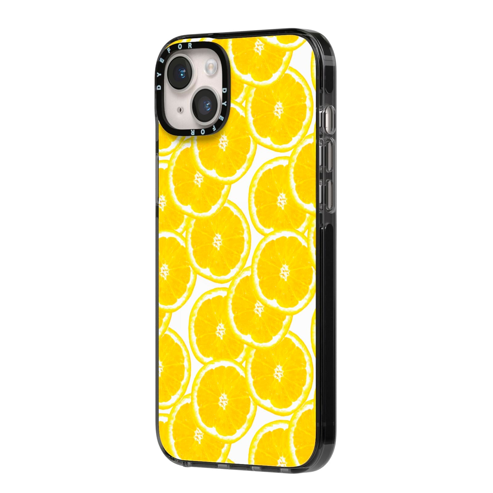 Lemon Fruit Slices iPhone 14 Plus Black Impact Case Side Angle on Silver phone