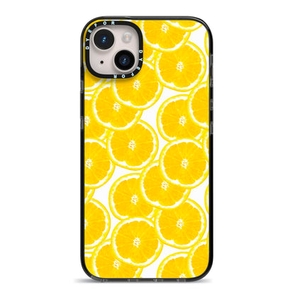 Lemon Fruit Slices iPhone 14 Plus Black Impact Case on Silver phone