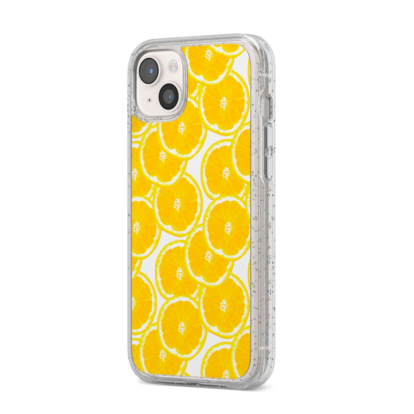 Lemon Fruit Slices iPhone 14 Plus Glitter Tough Case Starlight Angled Image