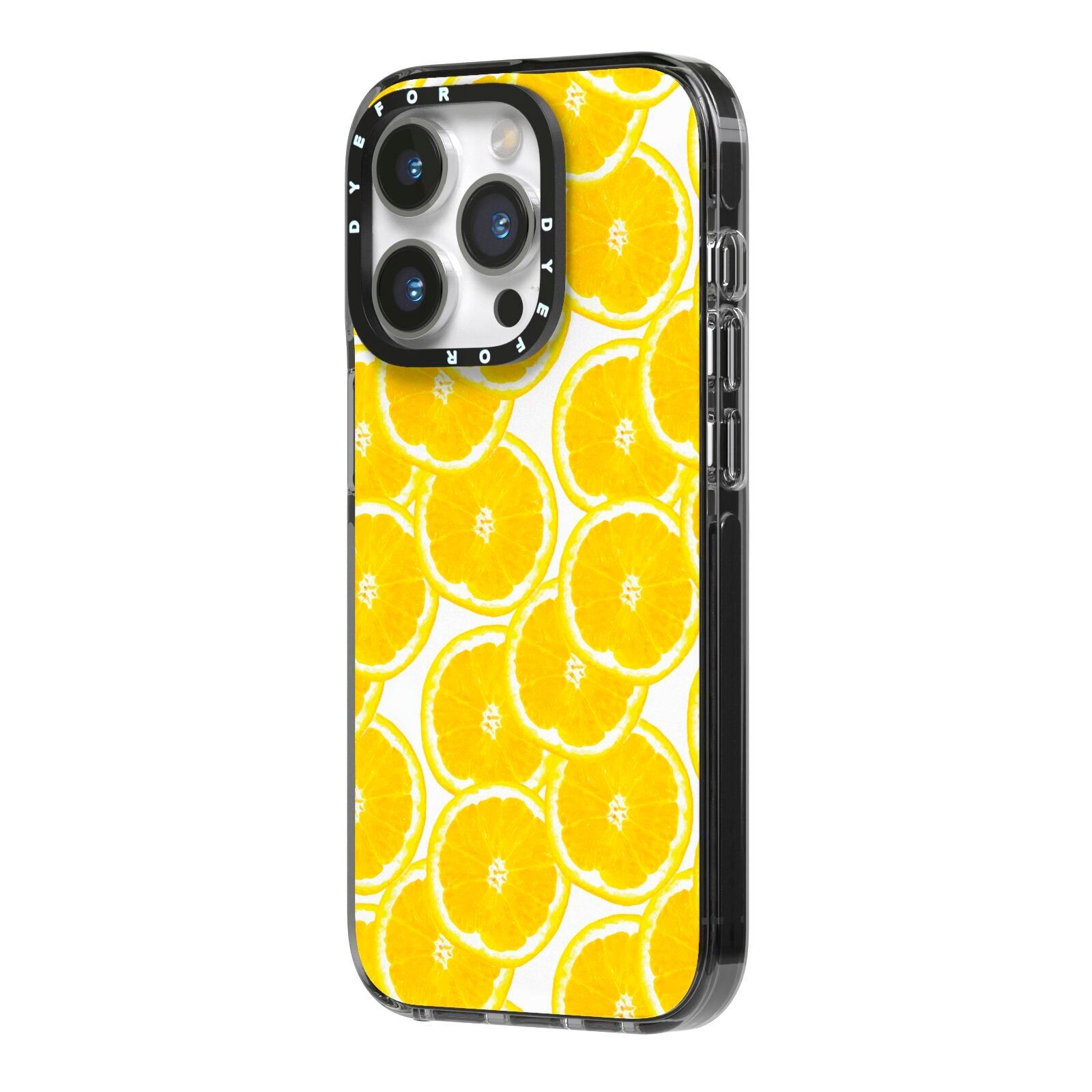 Lemon Fruit Slices iPhone 14 Pro Black Impact Case Side Angle on Silver phone