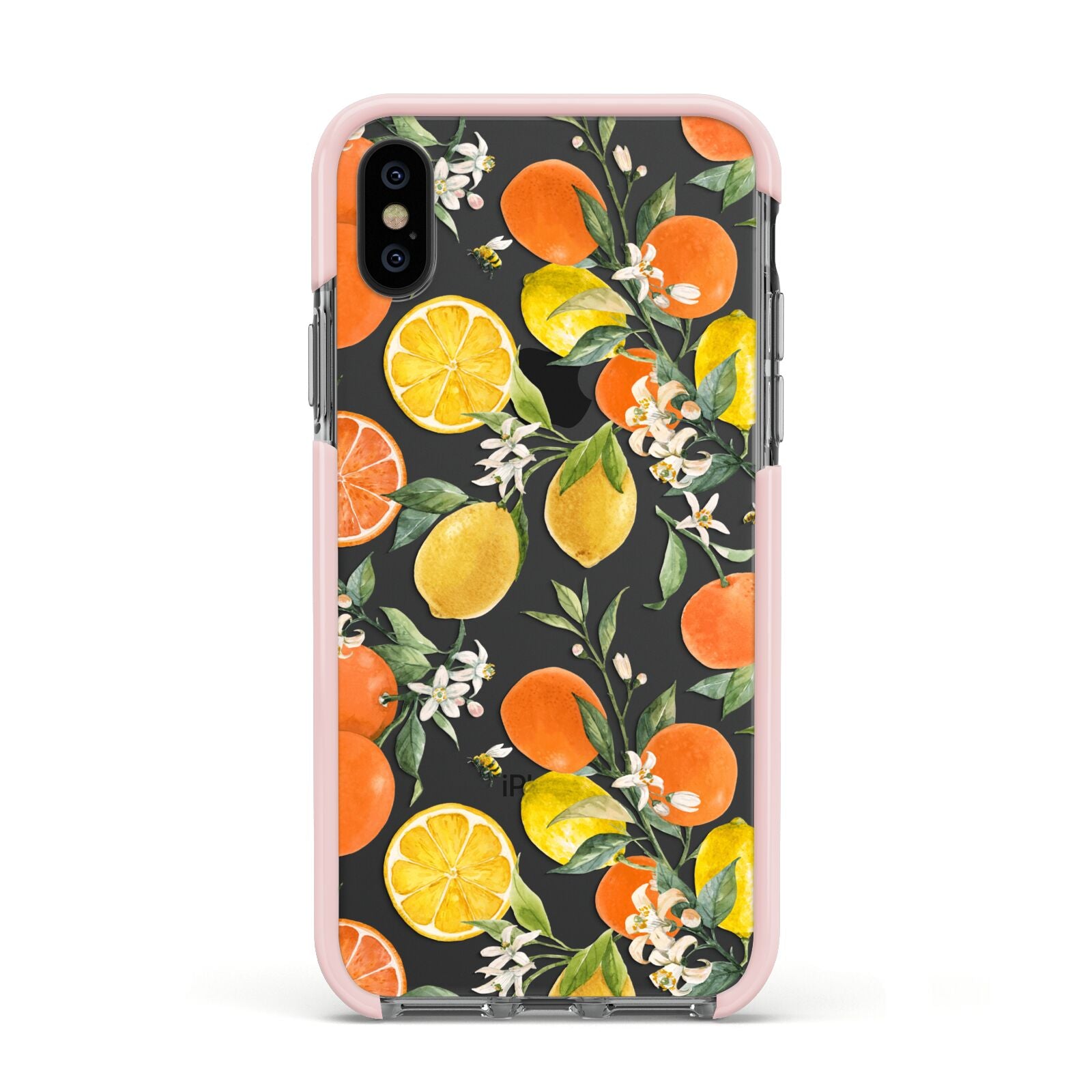 Lemons and Oranges Apple iPhone Xs Impact Case Pink Edge on Black Phone