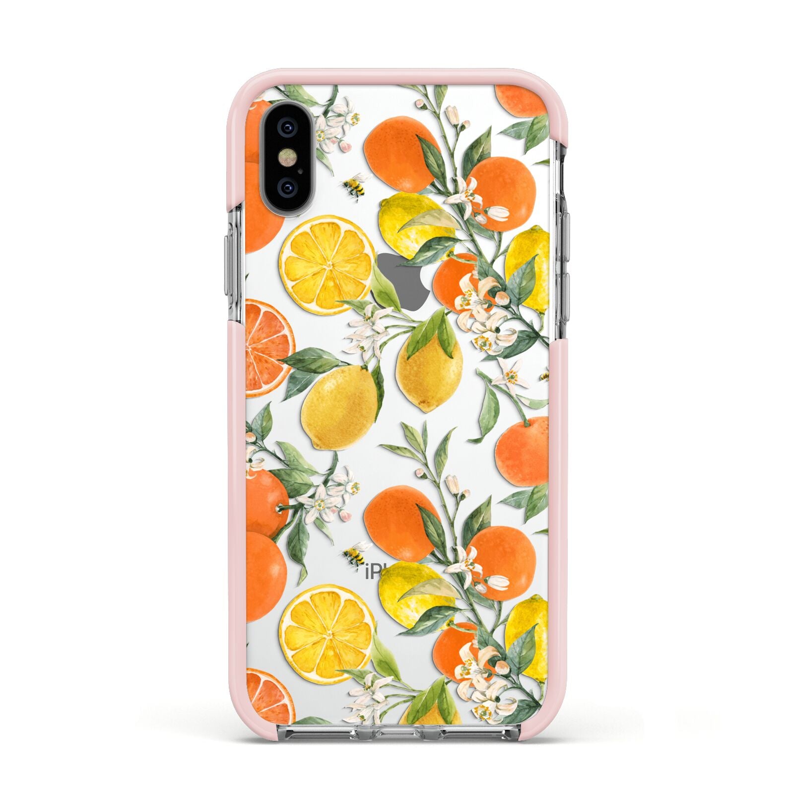 Lemons and Oranges Apple iPhone Xs Impact Case Pink Edge on Silver Phone