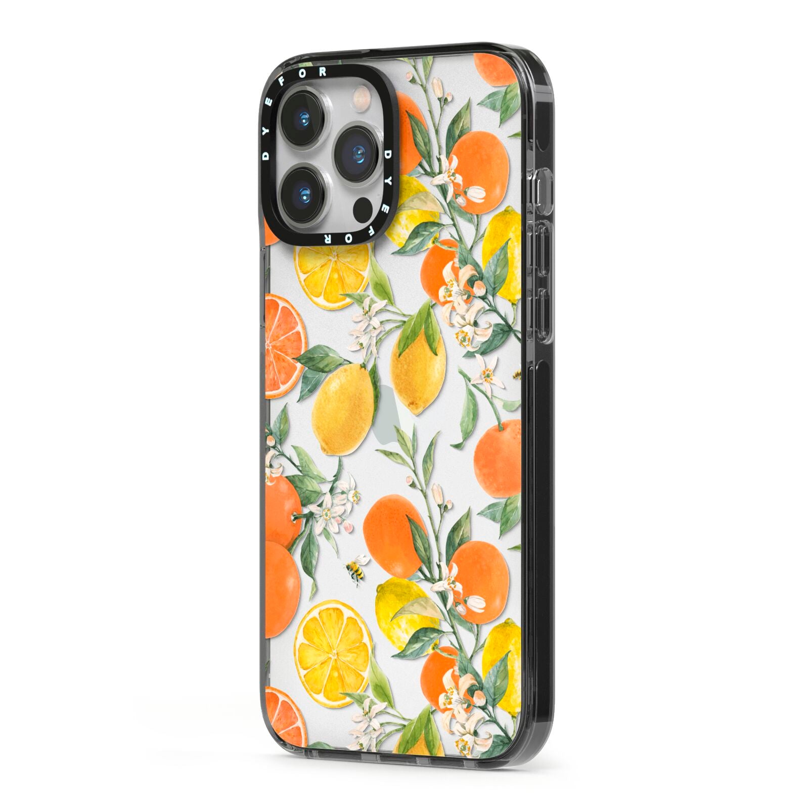 Lemons and Oranges iPhone 13 Pro Max Black Impact Case Side Angle on Silver phone