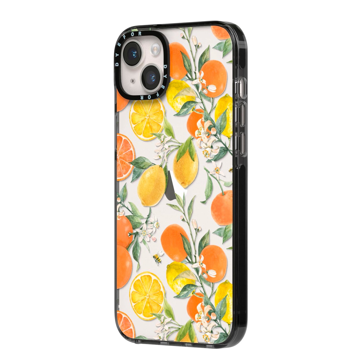 Lemons and Oranges iPhone 14 Plus Black Impact Case Side Angle on Silver phone
