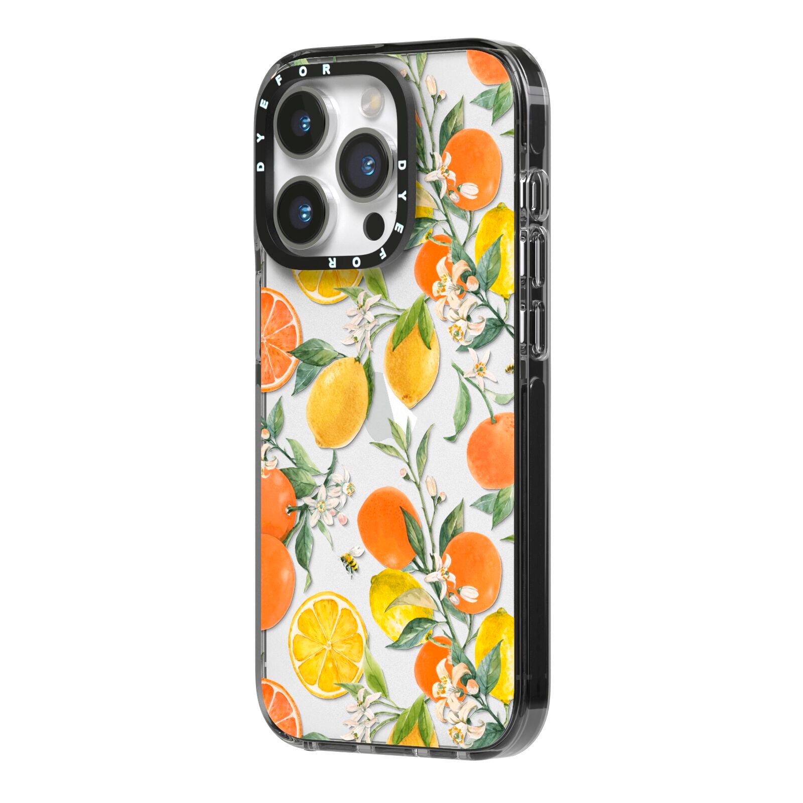 Lemons and Oranges iPhone 14 Pro Black Impact Case Side Angle on Silver phone