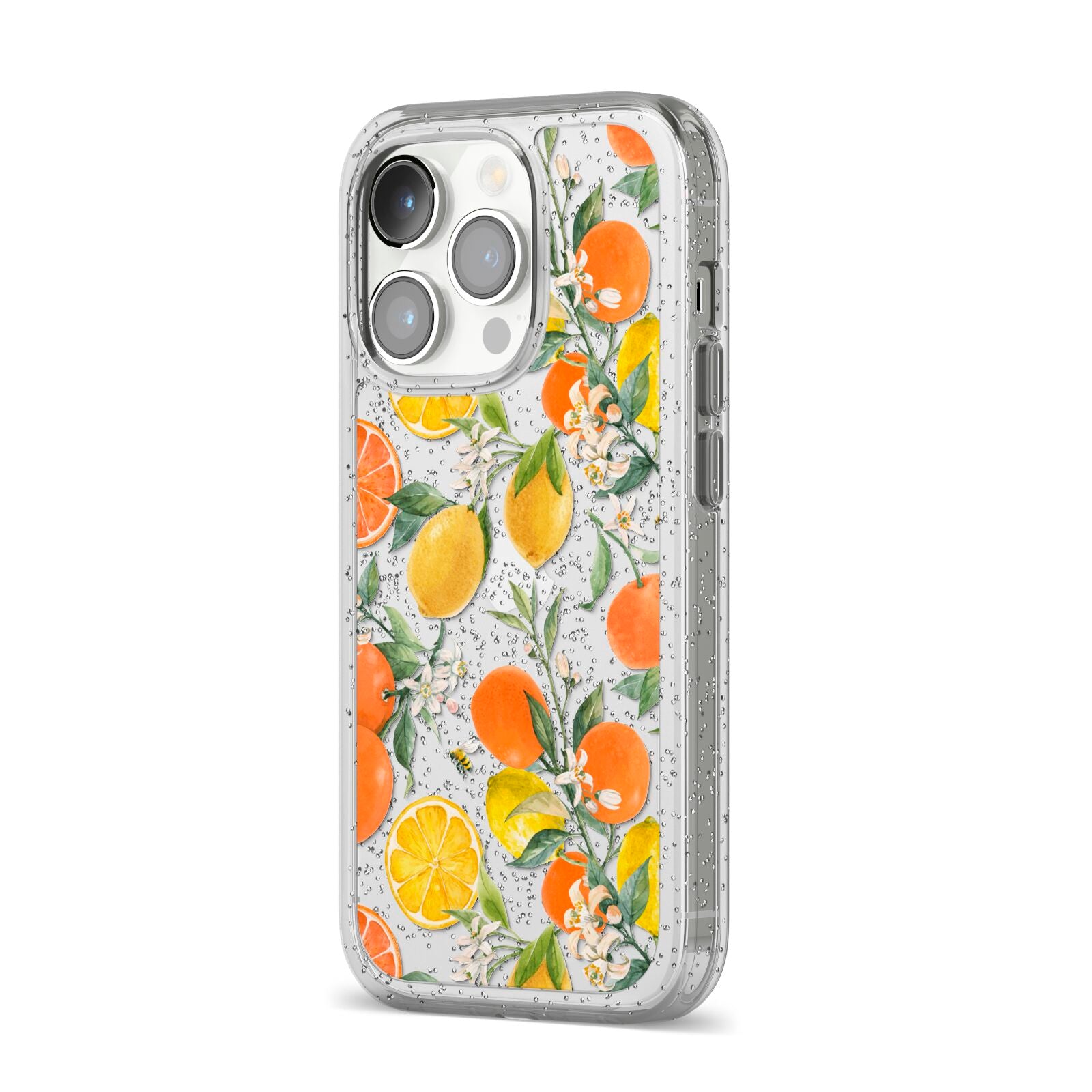 Lemons and Oranges iPhone 14 Pro Glitter Tough Case Silver Angled Image