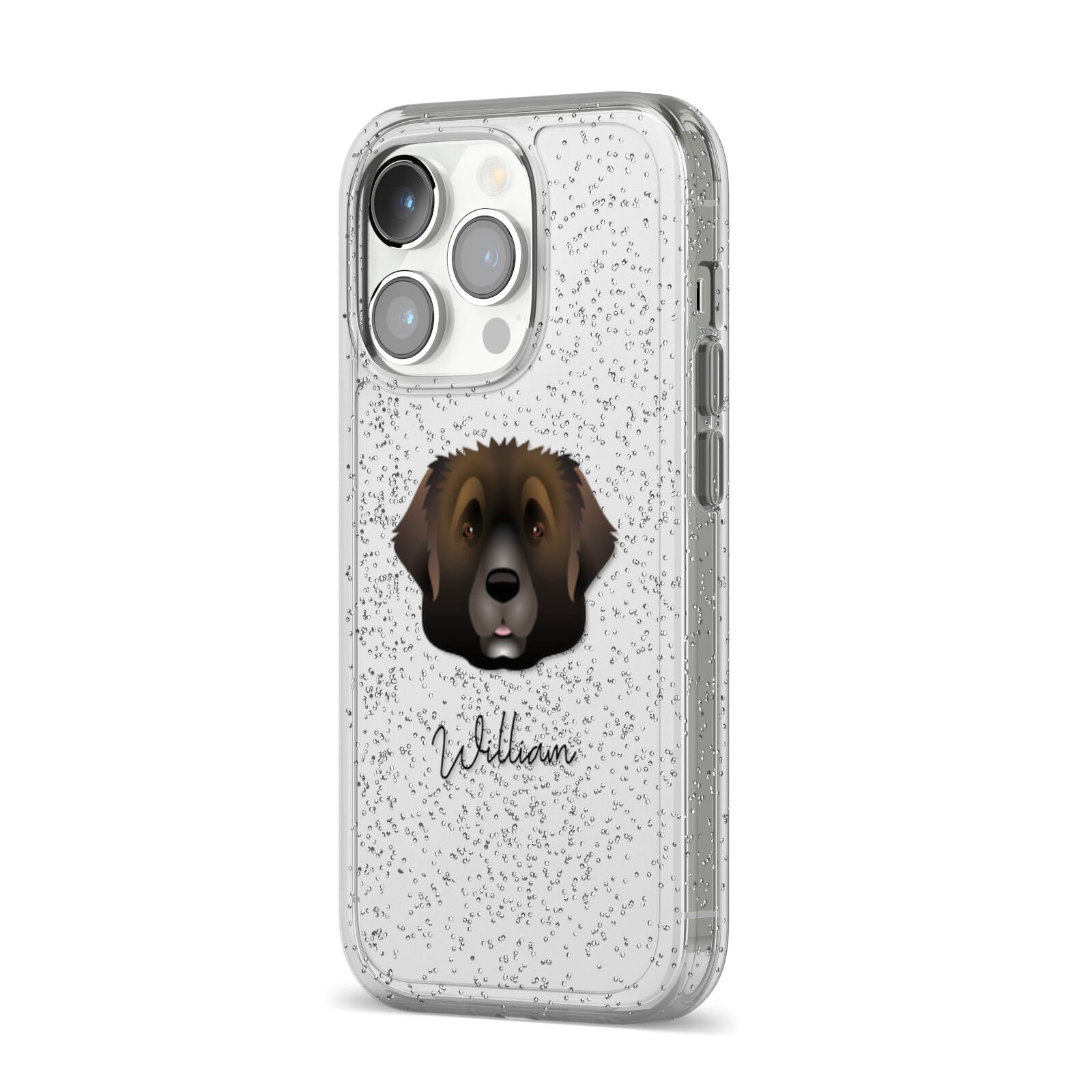 Leonberger Personalised iPhone 14 Pro Glitter Tough Case Silver Angled Image