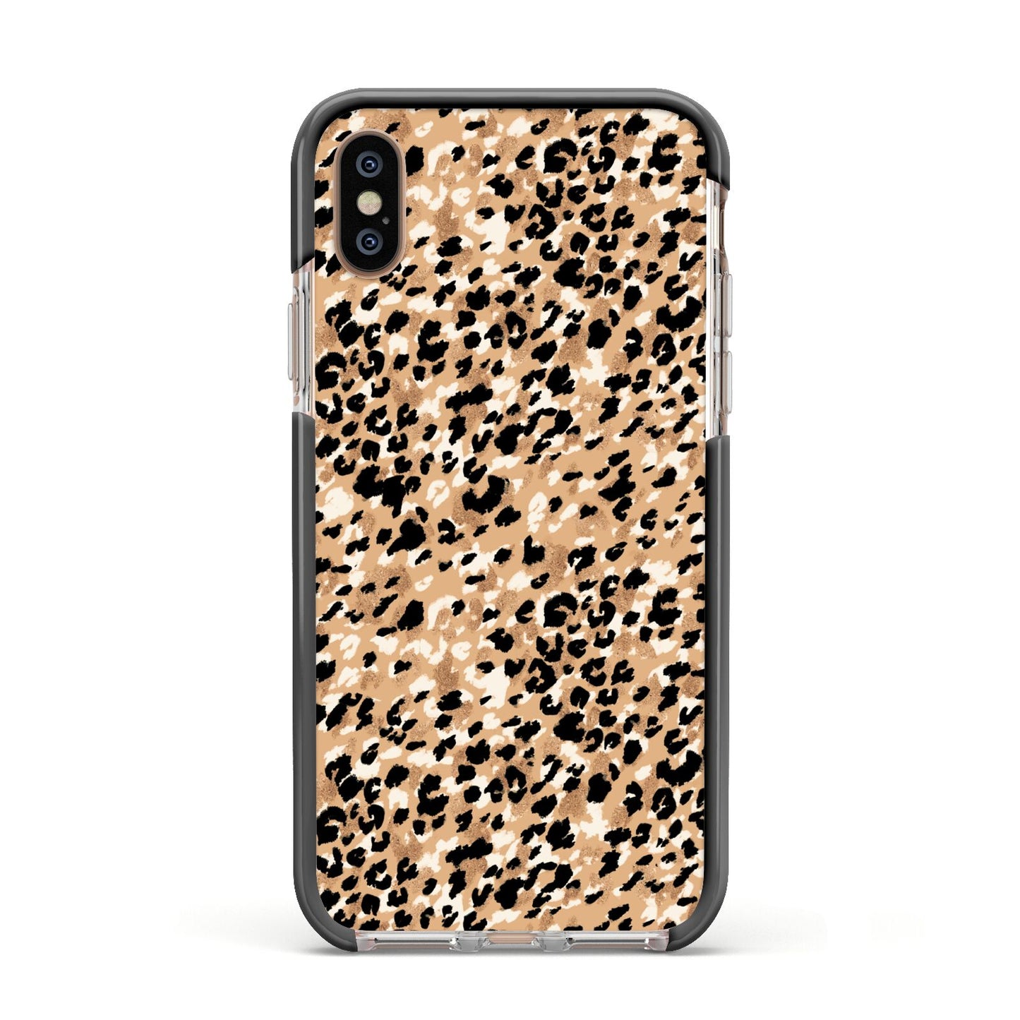 Leopard Print Apple iPhone Xs Impact Case Black Edge on Gold Phone