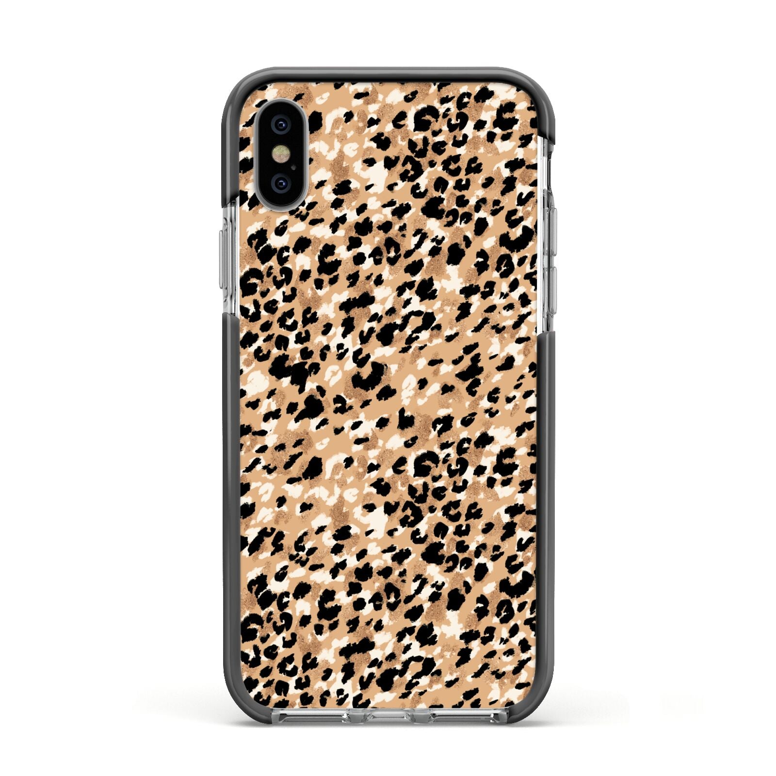 Leopard Print Apple iPhone Xs Impact Case Black Edge on Silver Phone
