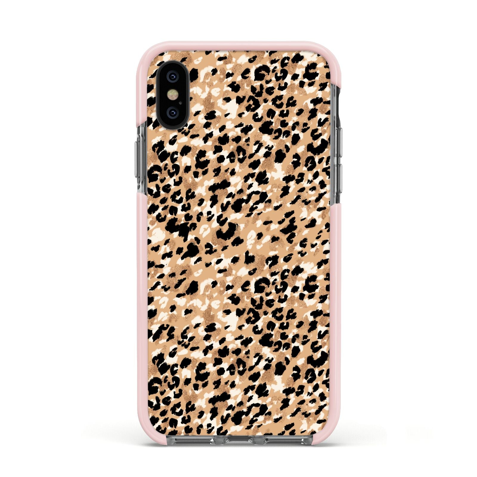 Leopard Print Apple iPhone Xs Impact Case Pink Edge on Black Phone