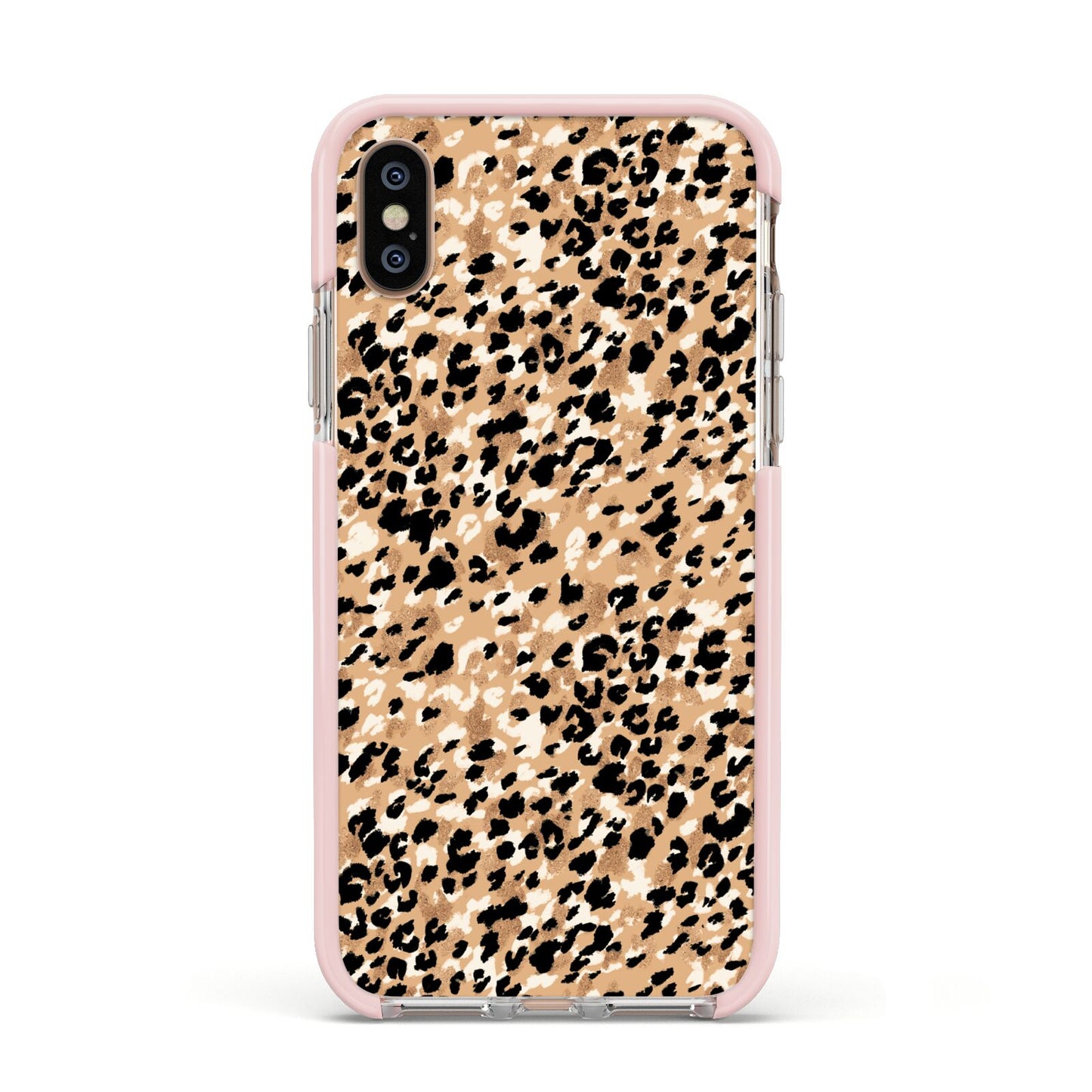 Leopard Print Apple iPhone Xs Impact Case Pink Edge on Gold Phone