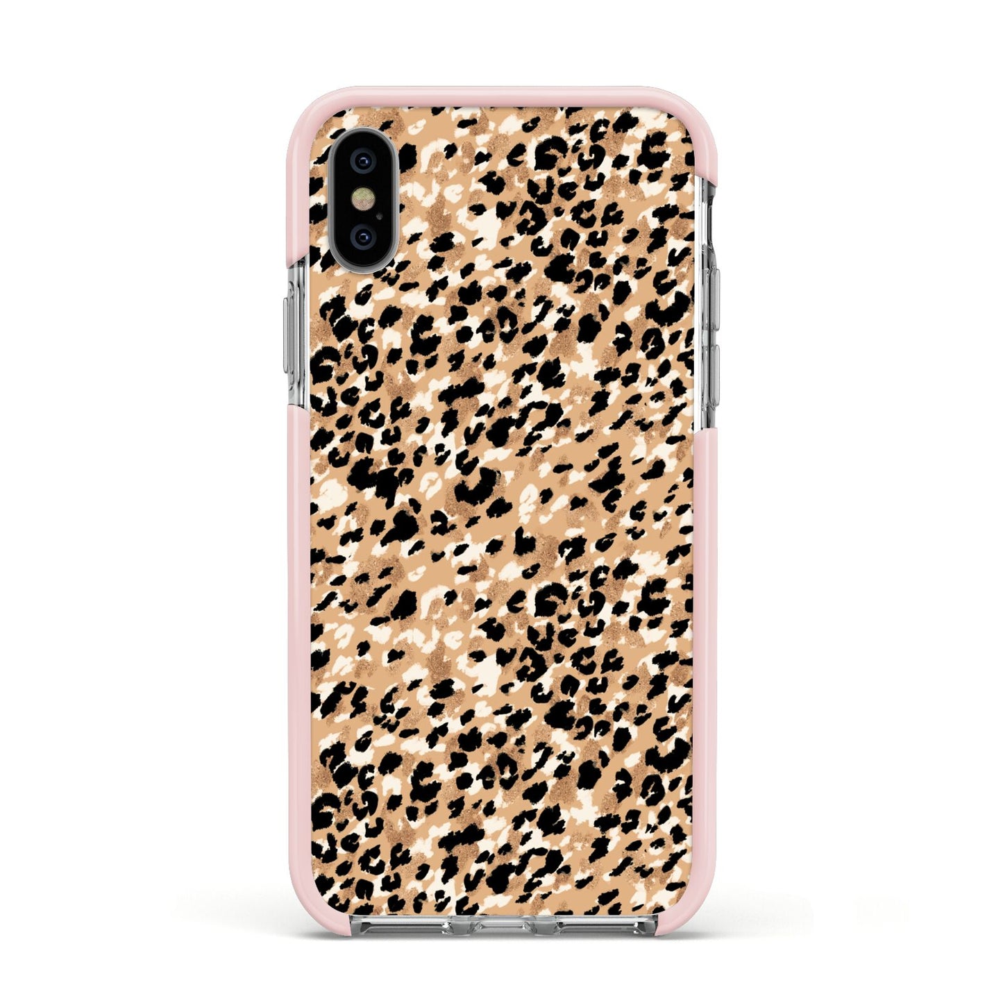 Leopard Print Apple iPhone Xs Impact Case Pink Edge on Silver Phone