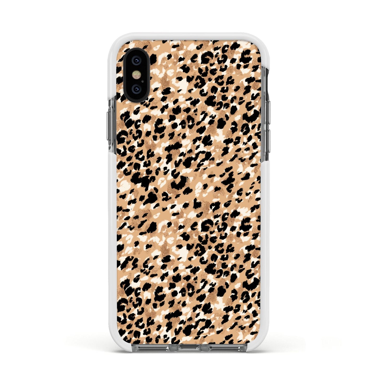 Leopard Print Apple iPhone Xs Impact Case White Edge on Black Phone