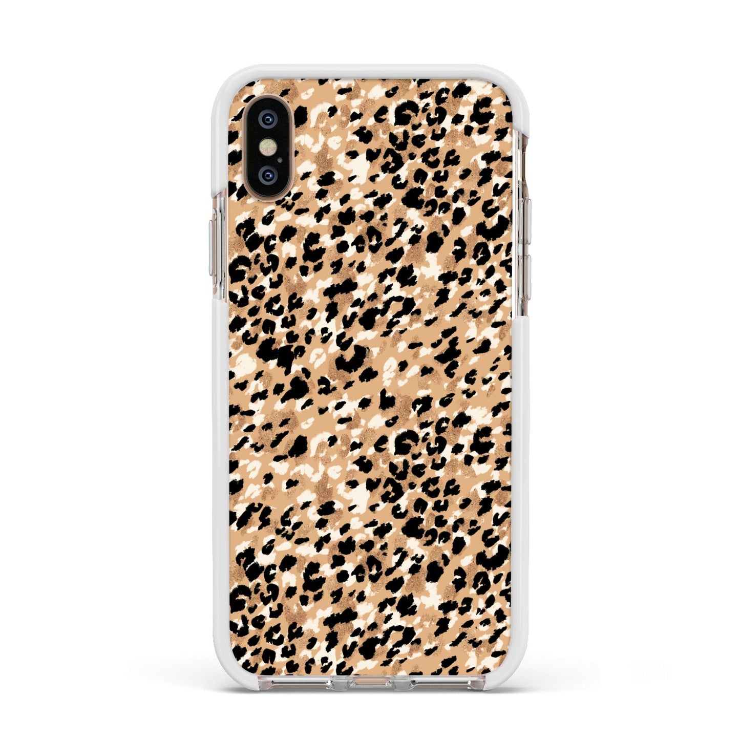 Leopard Print Apple iPhone Xs Impact Case White Edge on Gold Phone