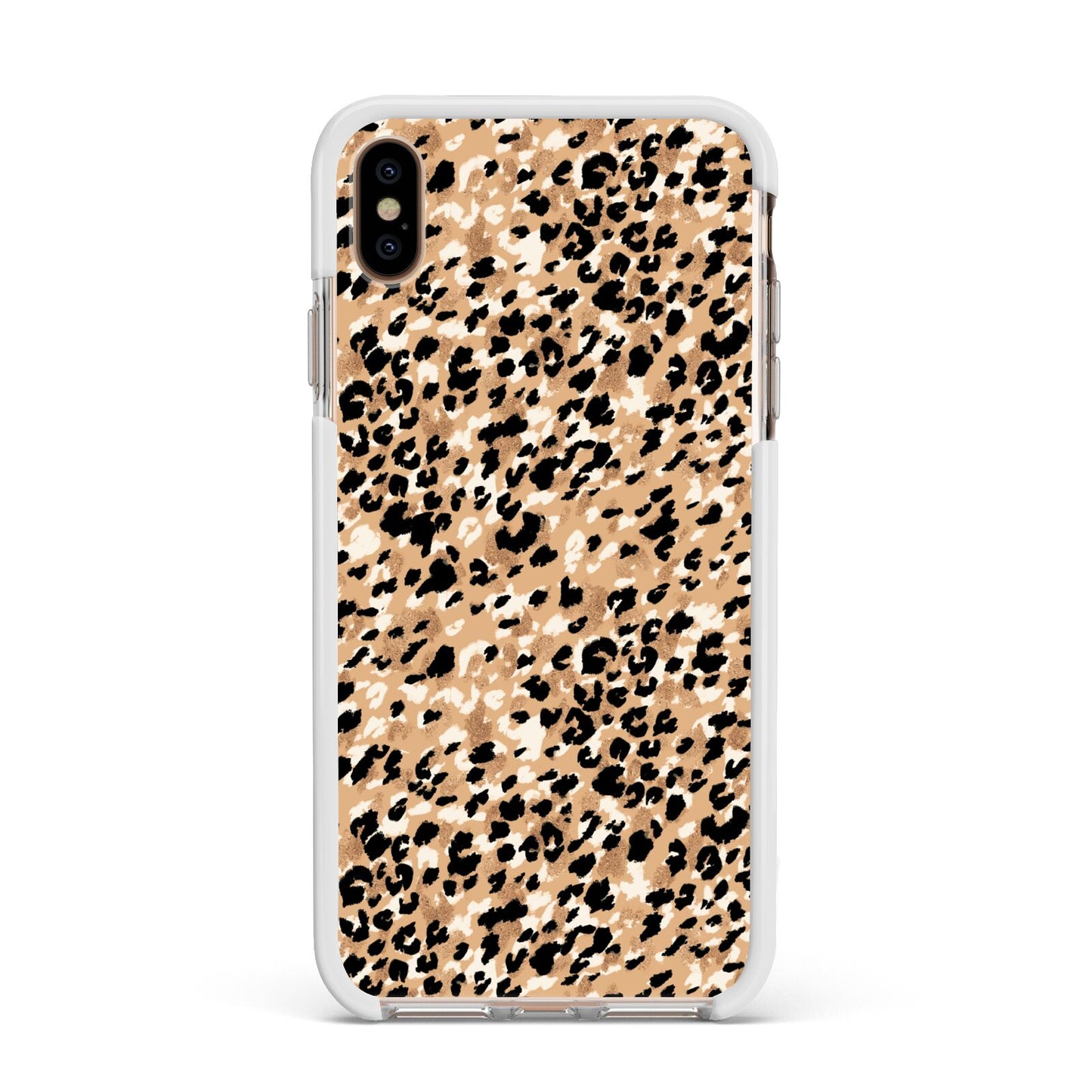Leopard Print Apple iPhone Xs Max Impact Case White Edge on Gold Phone