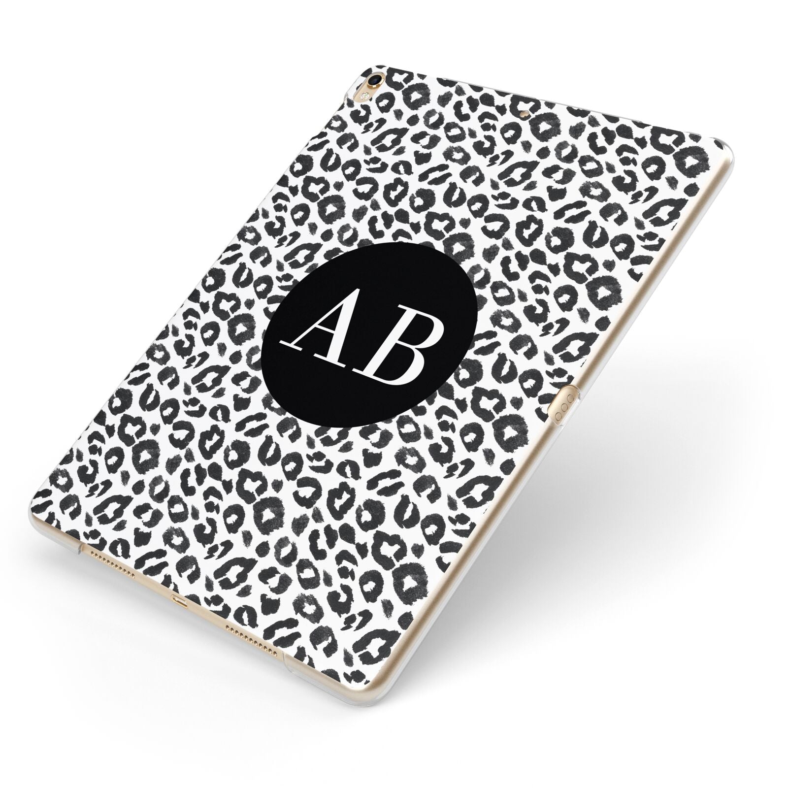 Leopard Print Black and White Apple iPad Case on Gold iPad Side View