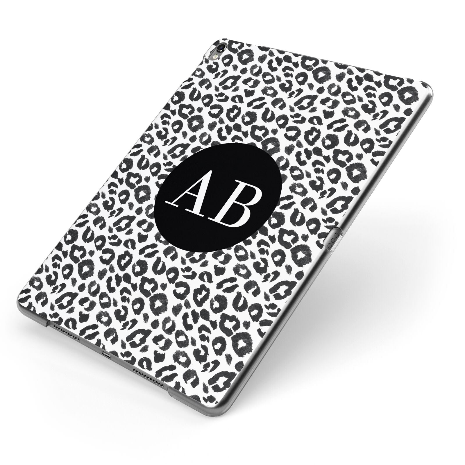 Leopard Print Black and White Apple iPad Case on Grey iPad Side View