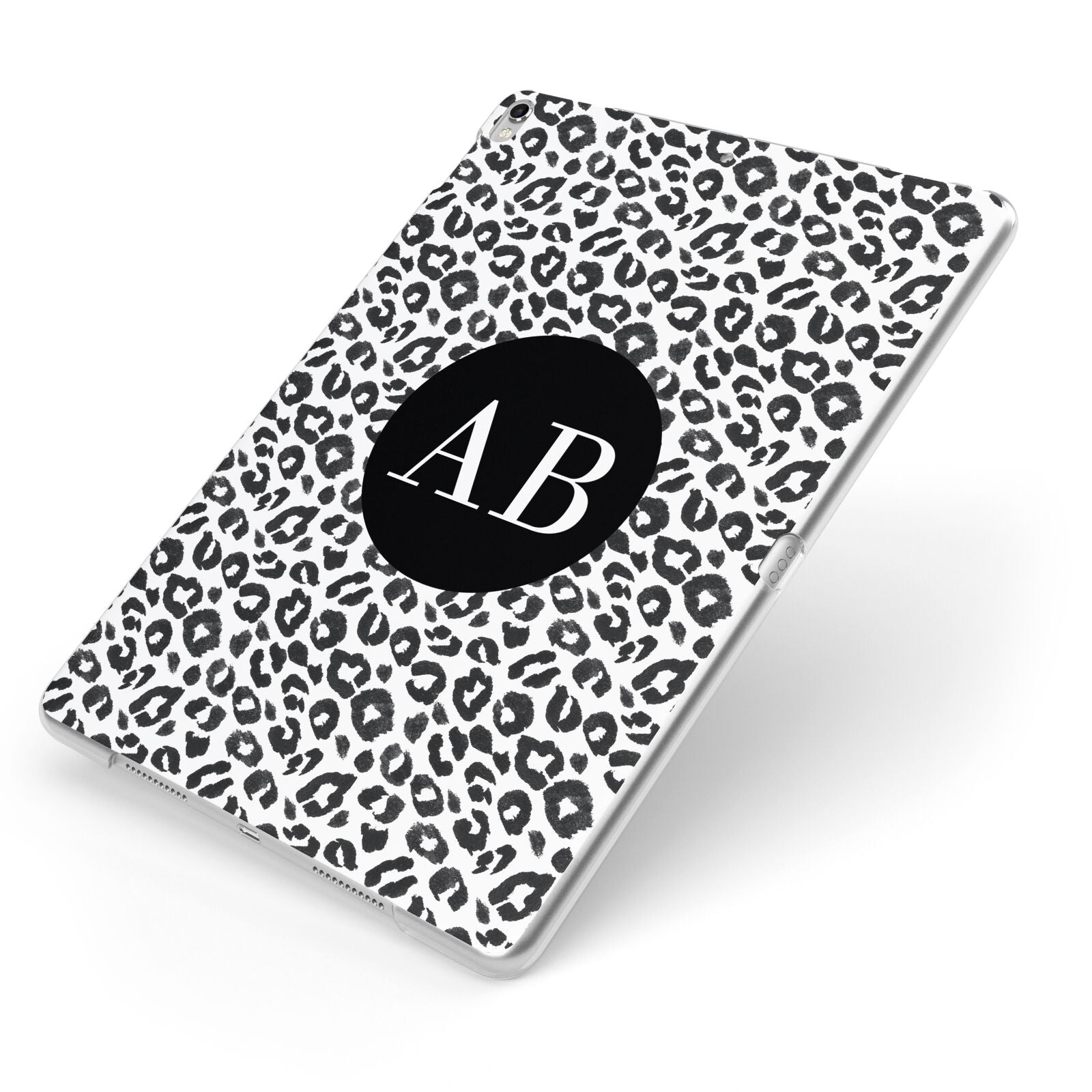 Leopard Print Black and White Apple iPad Case on Silver iPad Side View