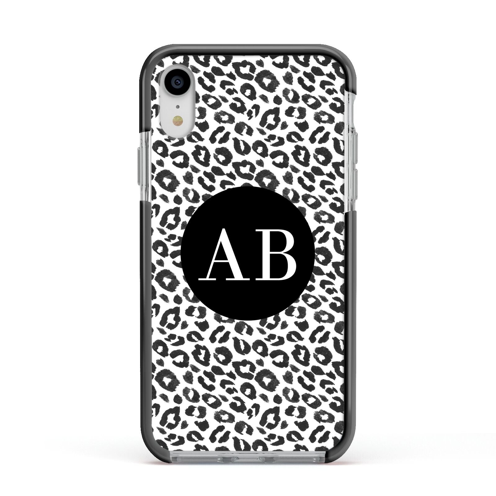 Leopard Print Black and White Apple iPhone XR Impact Case Black Edge on Silver Phone