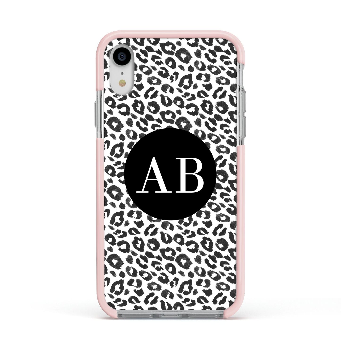 Leopard Print Black and White Apple iPhone XR Impact Case Pink Edge on Silver Phone