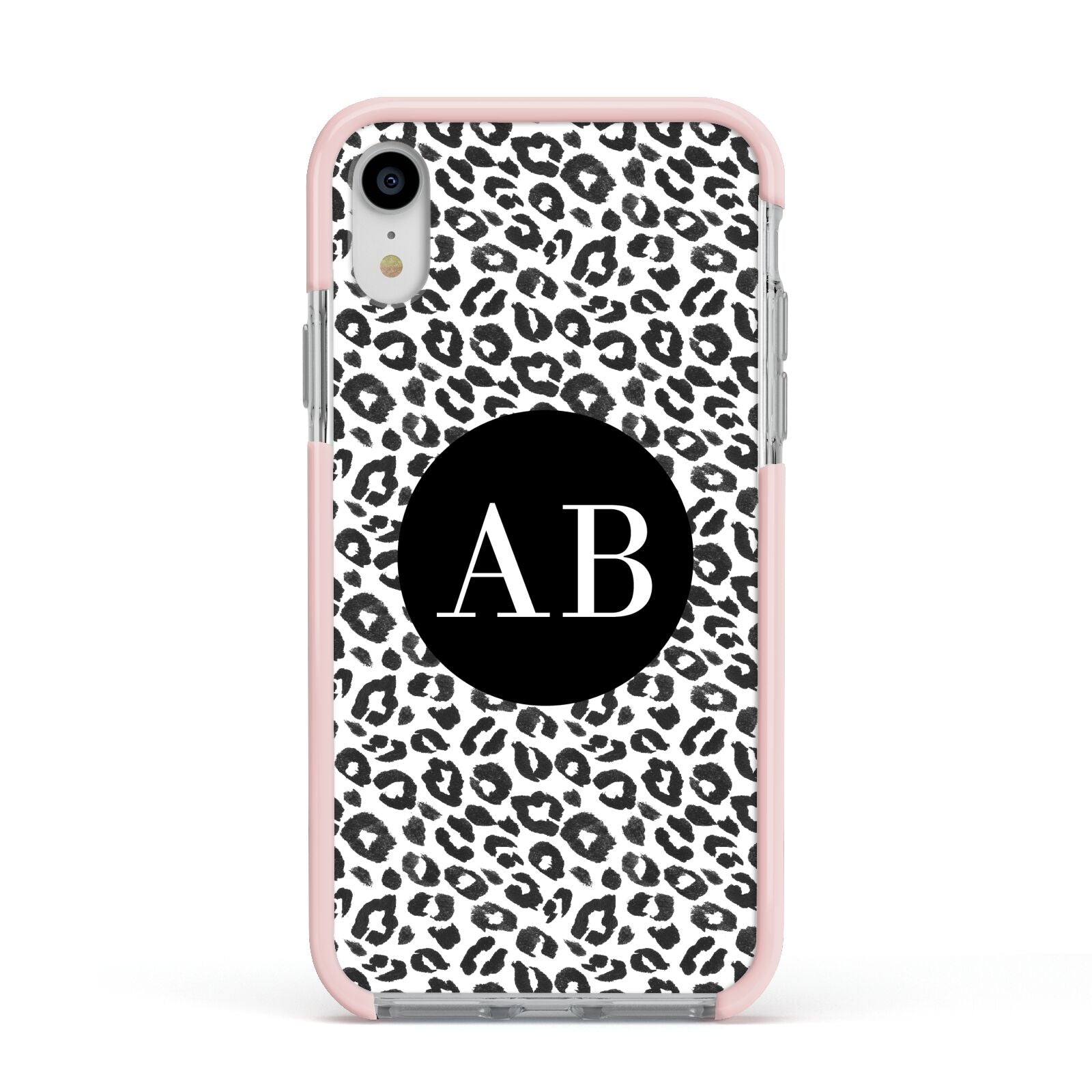 Leopard Print Black and White Apple iPhone XR Impact Case Pink Edge on Silver Phone