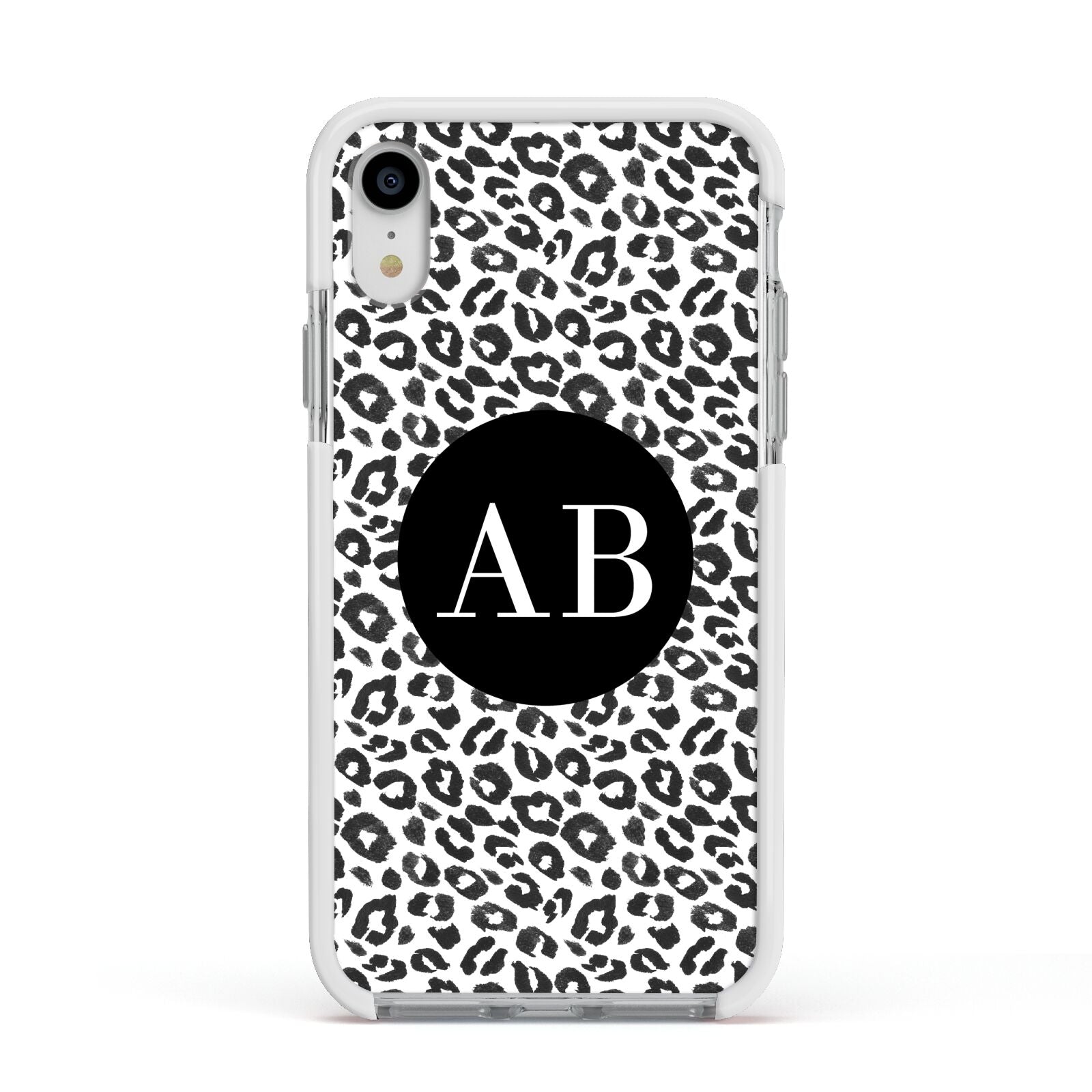 Leopard Print Black and White Apple iPhone XR Impact Case White Edge on Silver Phone