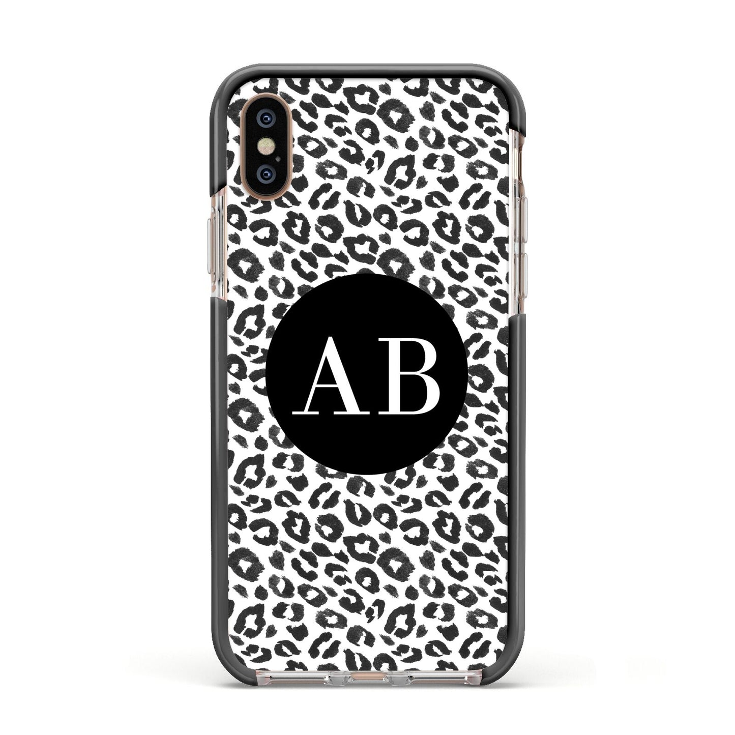 Leopard Print Black and White Apple iPhone Xs Impact Case Black Edge on Gold Phone