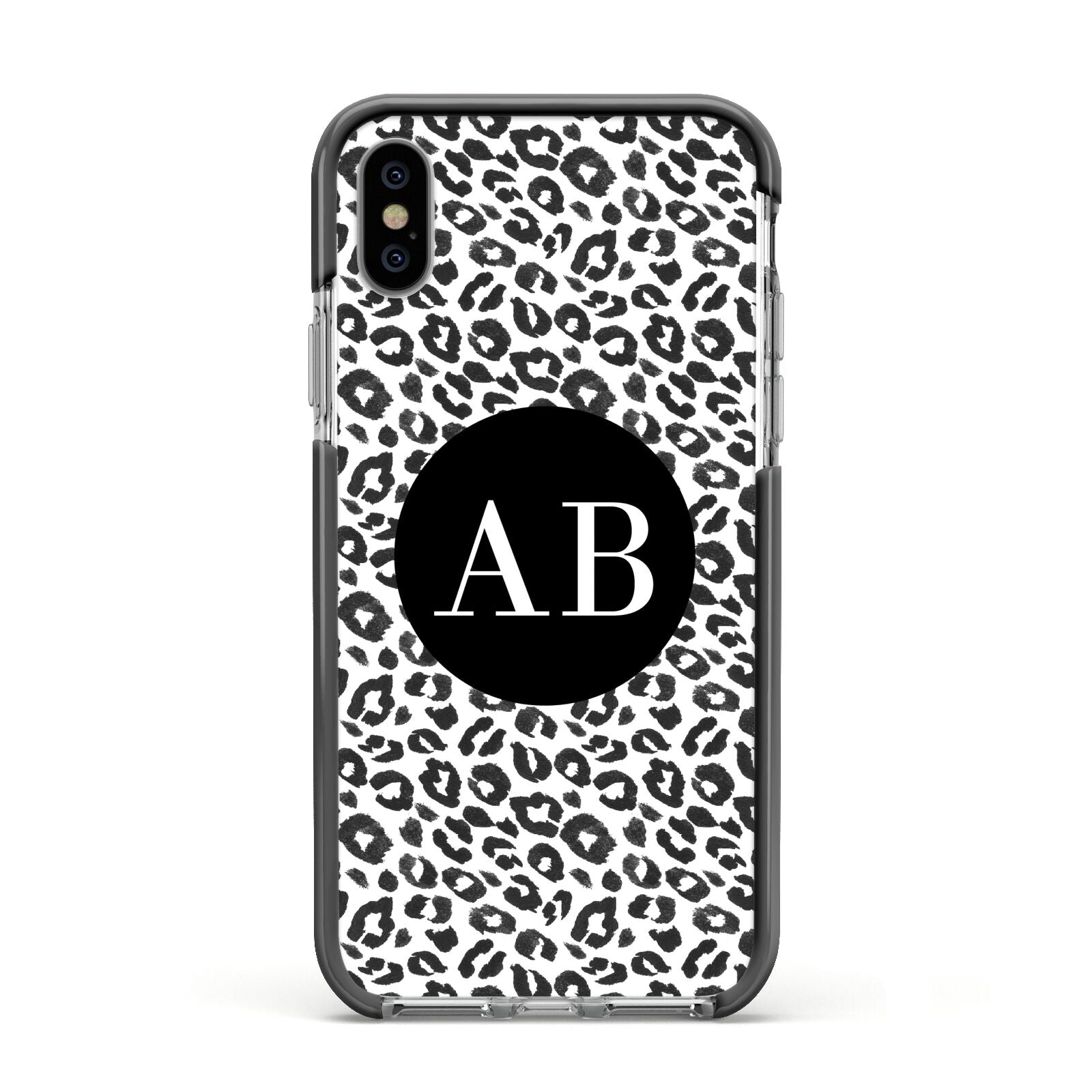 Leopard Print Black and White Apple iPhone Xs Impact Case Black Edge on Silver Phone