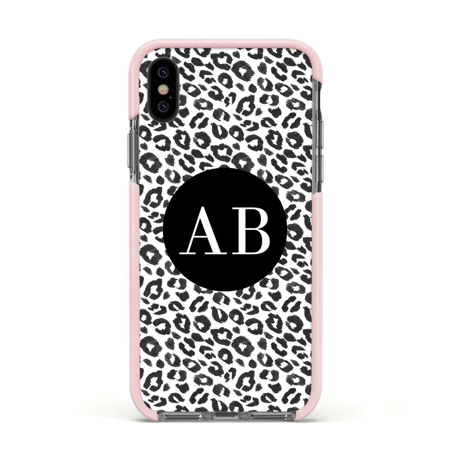 Leopard Print Black and White Apple iPhone Xs Impact Case Pink Edge on Black Phone