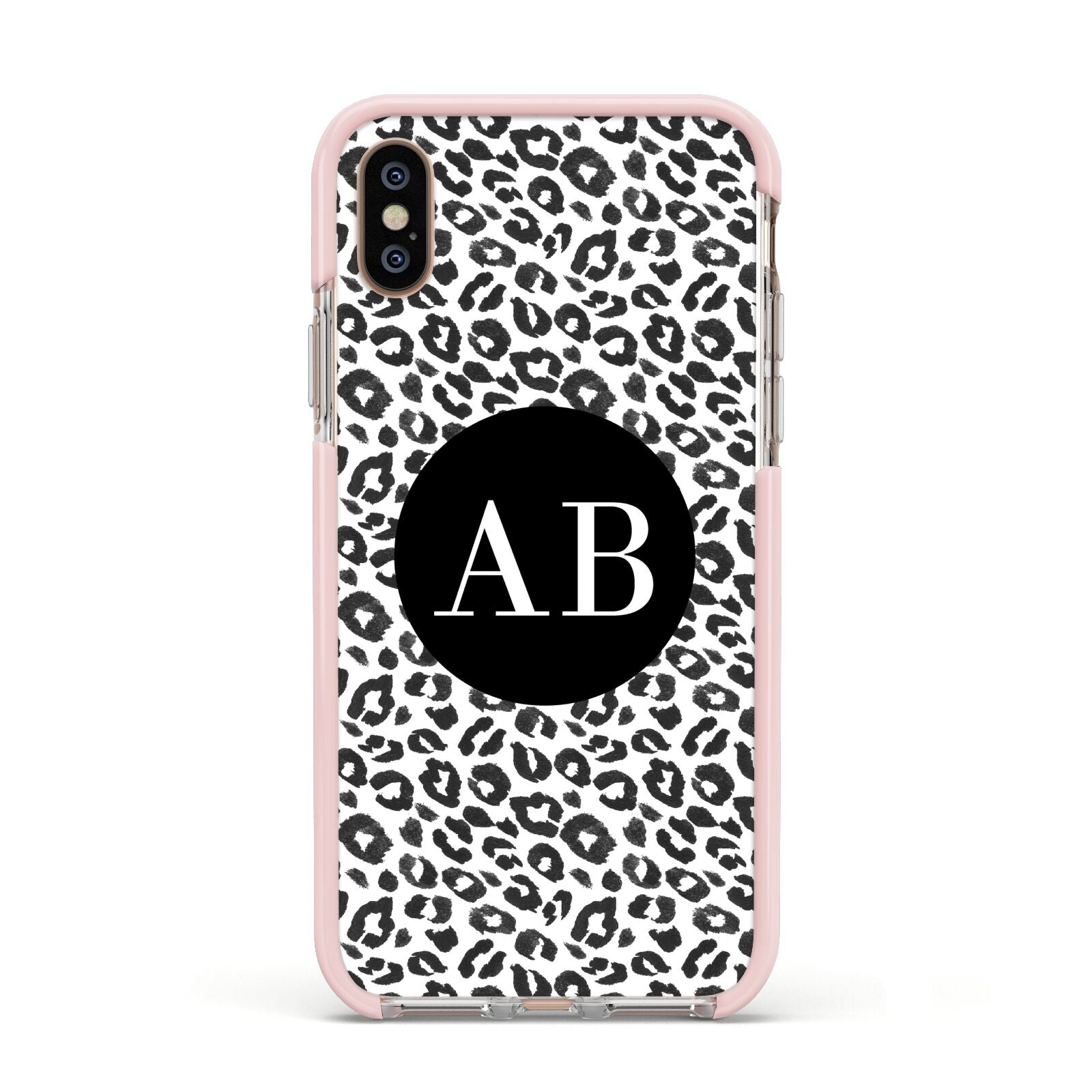 Leopard Print Black and White Apple iPhone Xs Impact Case Pink Edge on Gold Phone