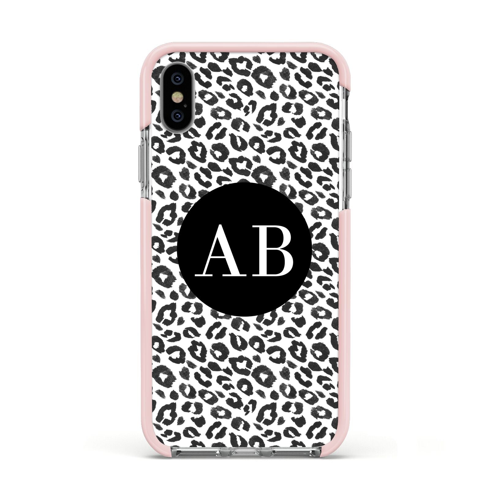Leopard Print Black and White Apple iPhone Xs Impact Case Pink Edge on Silver Phone