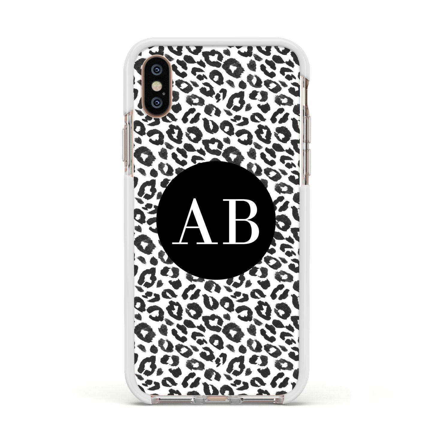 Leopard Print Black and White Apple iPhone Xs Impact Case White Edge on Gold Phone