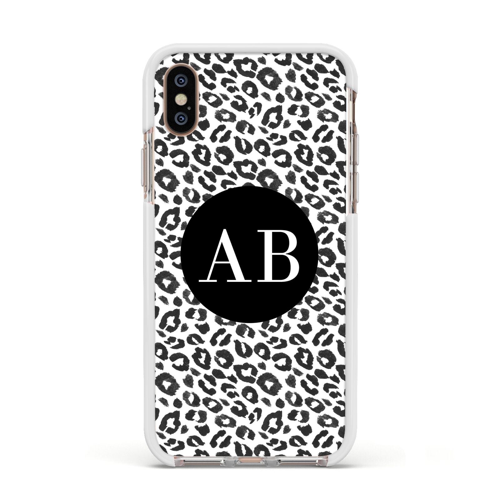 Leopard Print Black and White Apple iPhone Xs Impact Case White Edge on Gold Phone