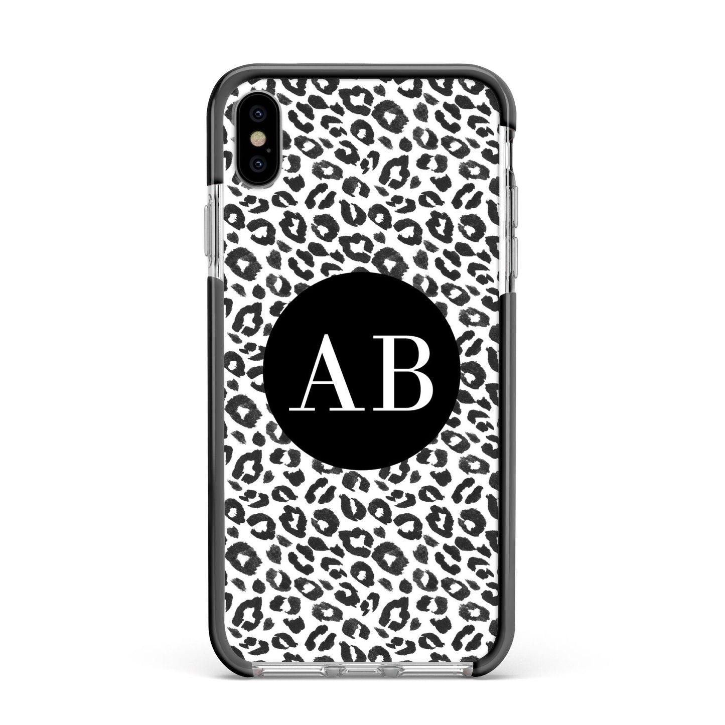 Leopard Print Black and White Apple iPhone Xs Max Impact Case Black Edge on Silver Phone