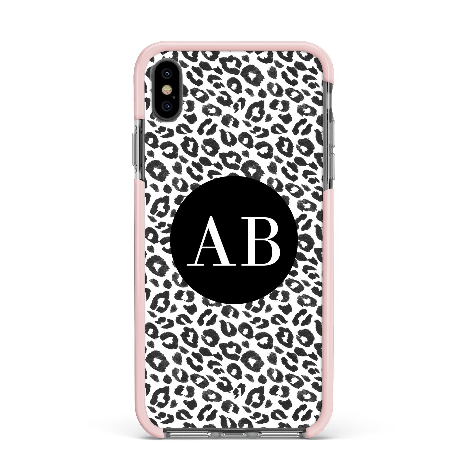 Leopard Print Black and White Apple iPhone Xs Max Impact Case Pink Edge on Black Phone