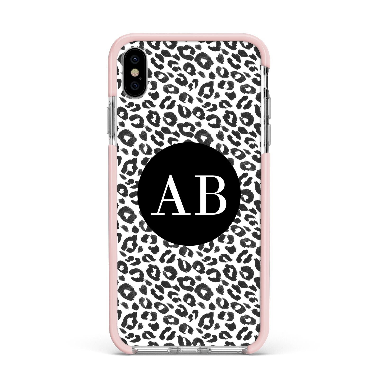 Leopard Print Black and White Apple iPhone Xs Max Impact Case Pink Edge on Silver Phone