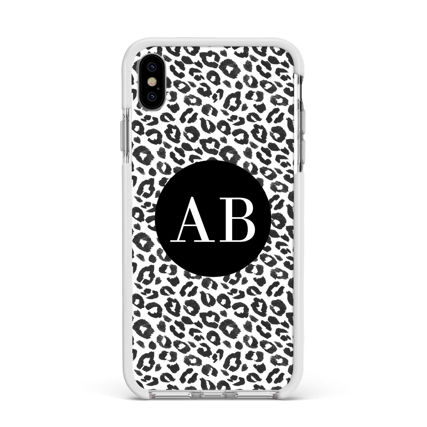 Leopard Print Black and White Apple iPhone Xs Max Impact Case White Edge on Silver Phone