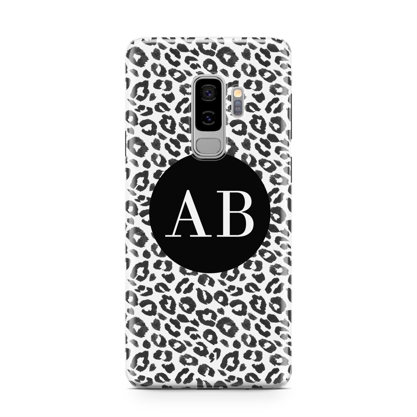 Leopard Print Black and White Samsung Galaxy S9 Plus Case on Silver phone