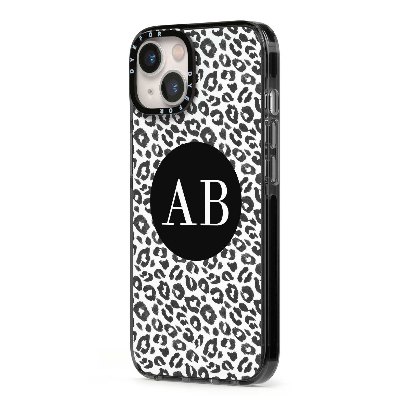 Leopard Print Black and White iPhone 13 Black Impact Case Side Angle on Silver phone