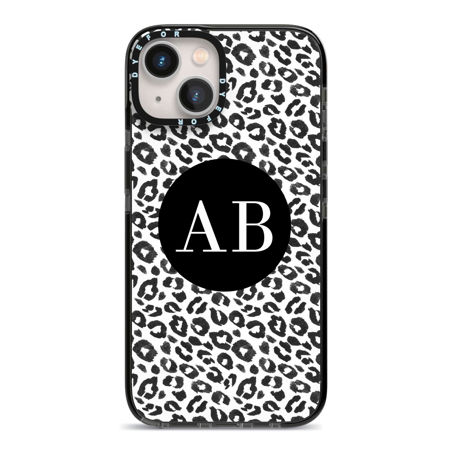 Leopard Print Black and White iPhone 13 Black Impact Case on Silver phone