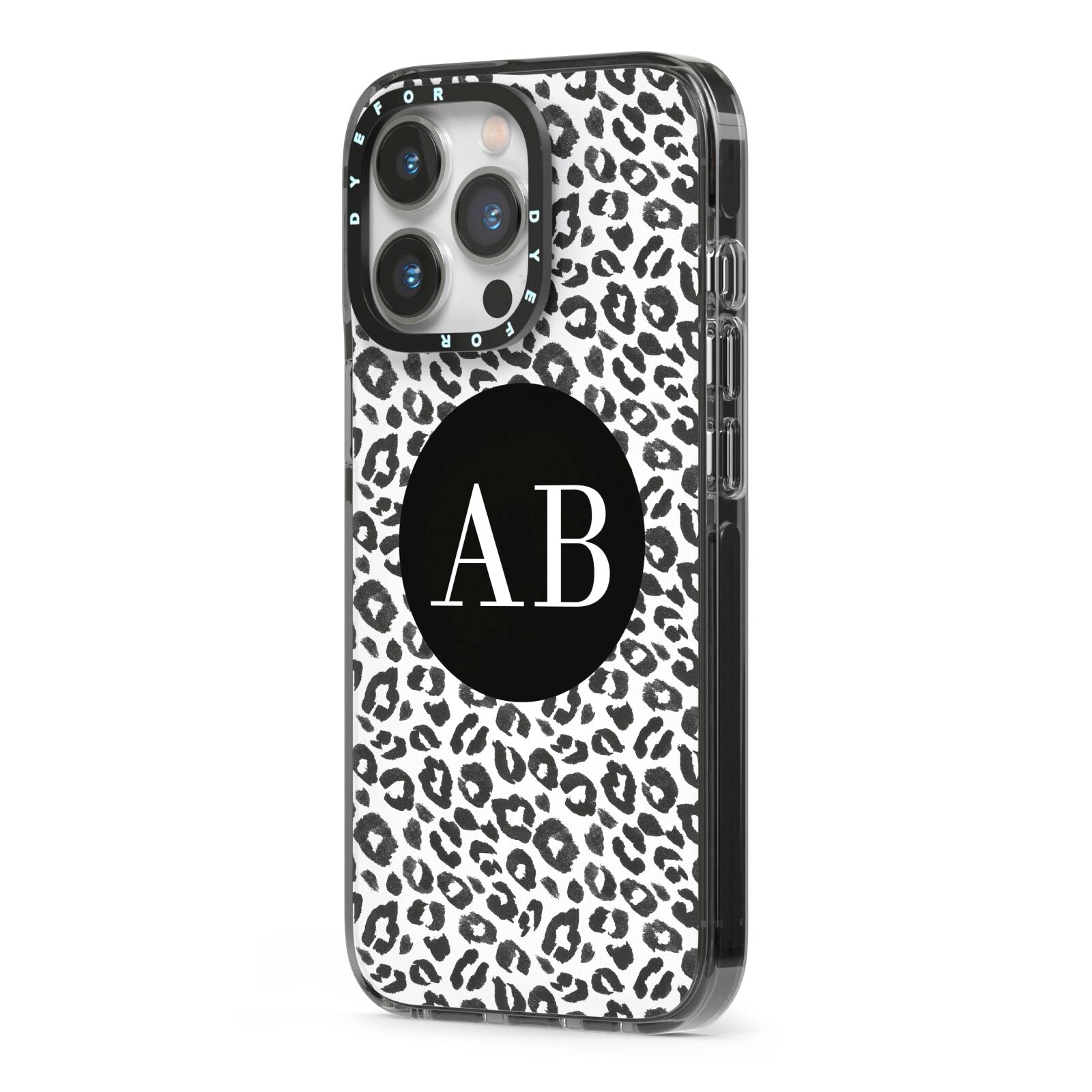 Leopard Print Black and White iPhone 13 Pro Black Impact Case Side Angle on Silver phone