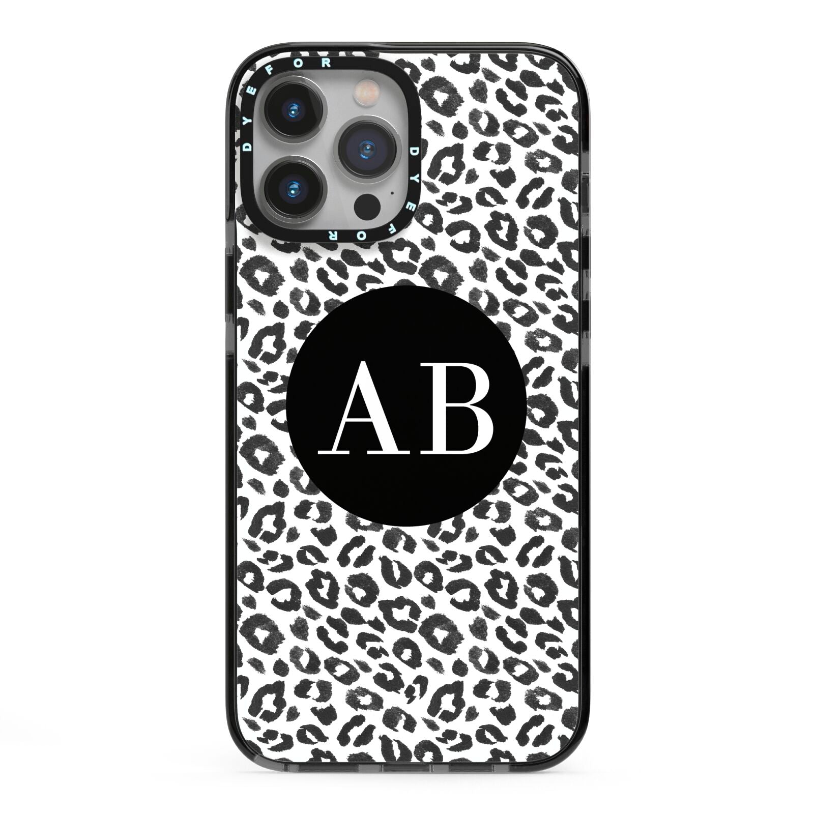 Leopard Print Black and White iPhone 13 Pro Max Black Impact Case on Silver phone