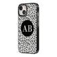 Leopard Print Black and White iPhone 14 Black Impact Case Side Angle on Silver phone