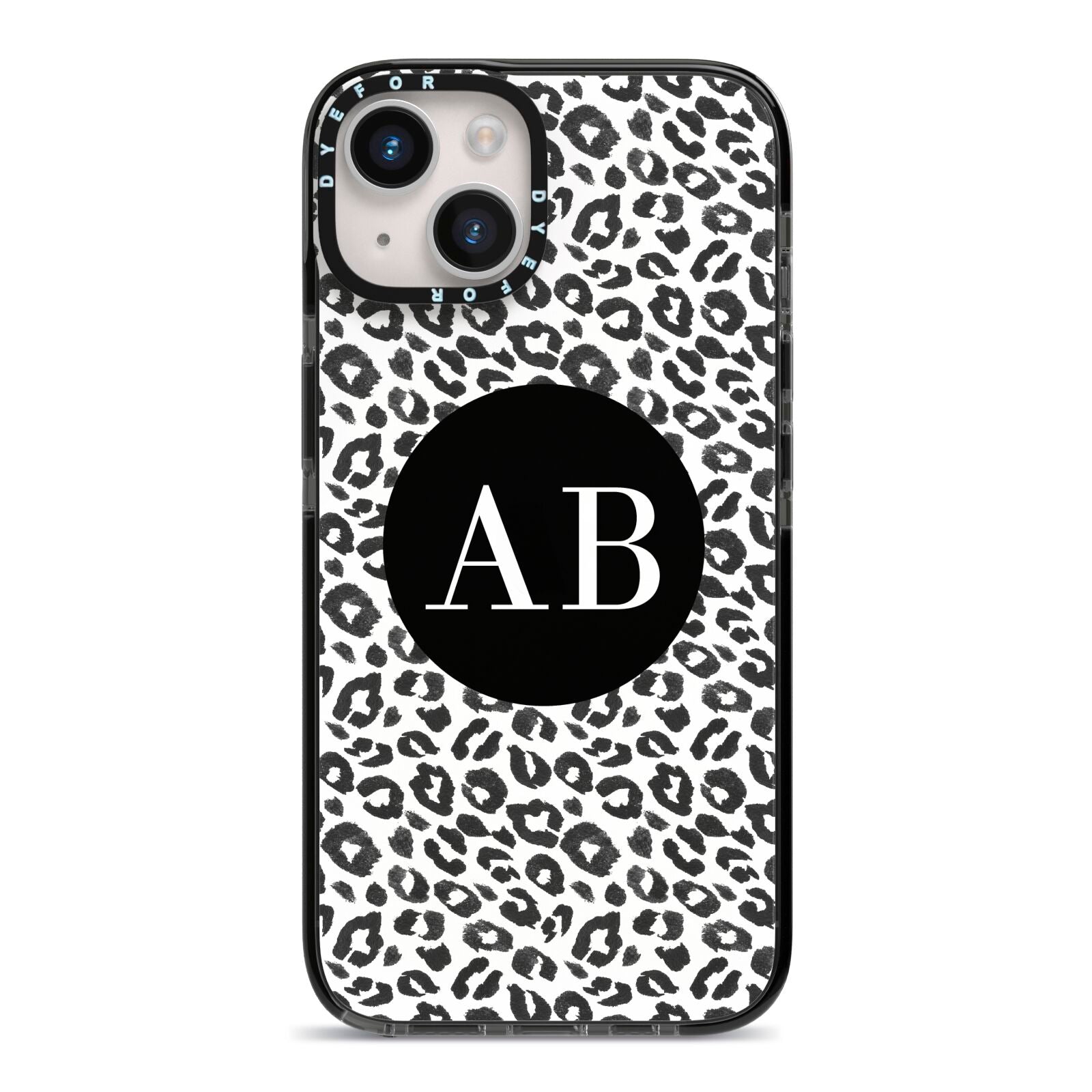 Leopard Print Black and White iPhone 14 Black Impact Case on Silver phone