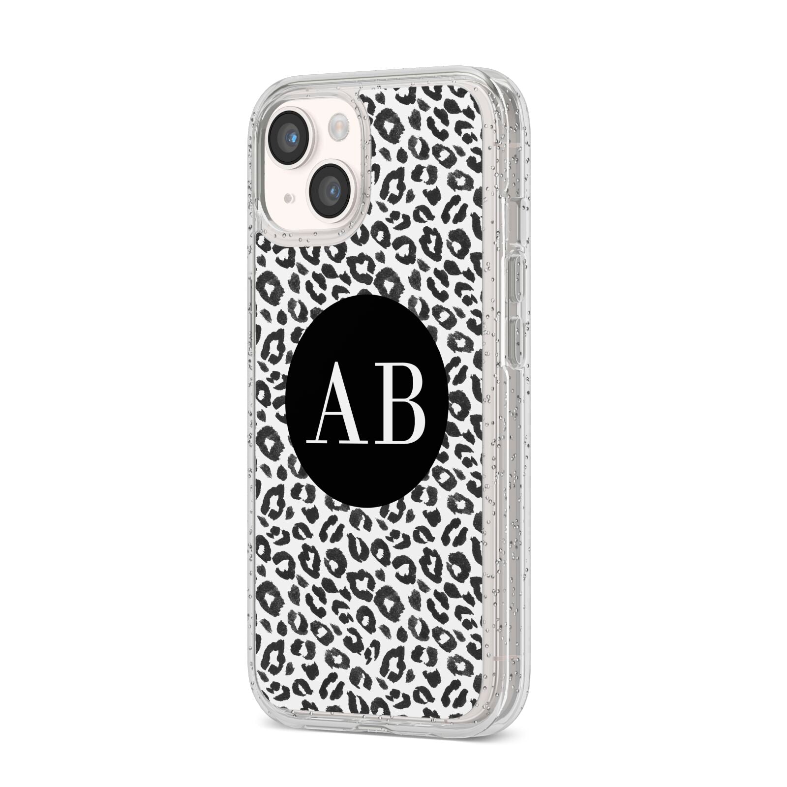 Leopard Print Black and White iPhone 14 Glitter Tough Case Starlight Angled Image
