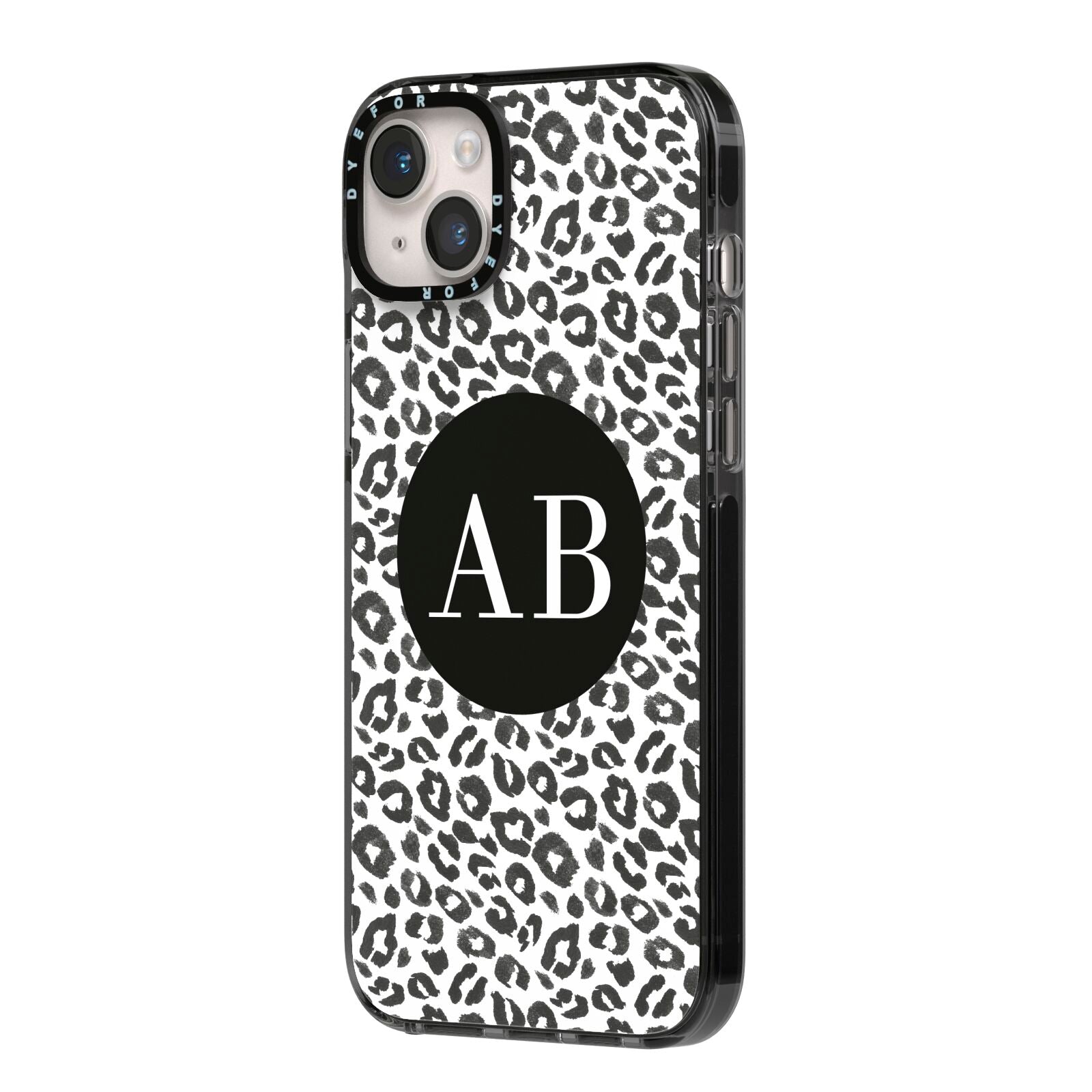 Leopard Print Black and White iPhone 14 Plus Black Impact Case Side Angle on Silver phone