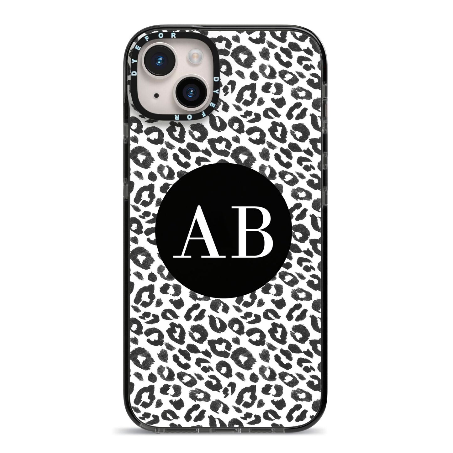 Leopard Print Black and White iPhone 14 Plus Black Impact Case on Silver phone