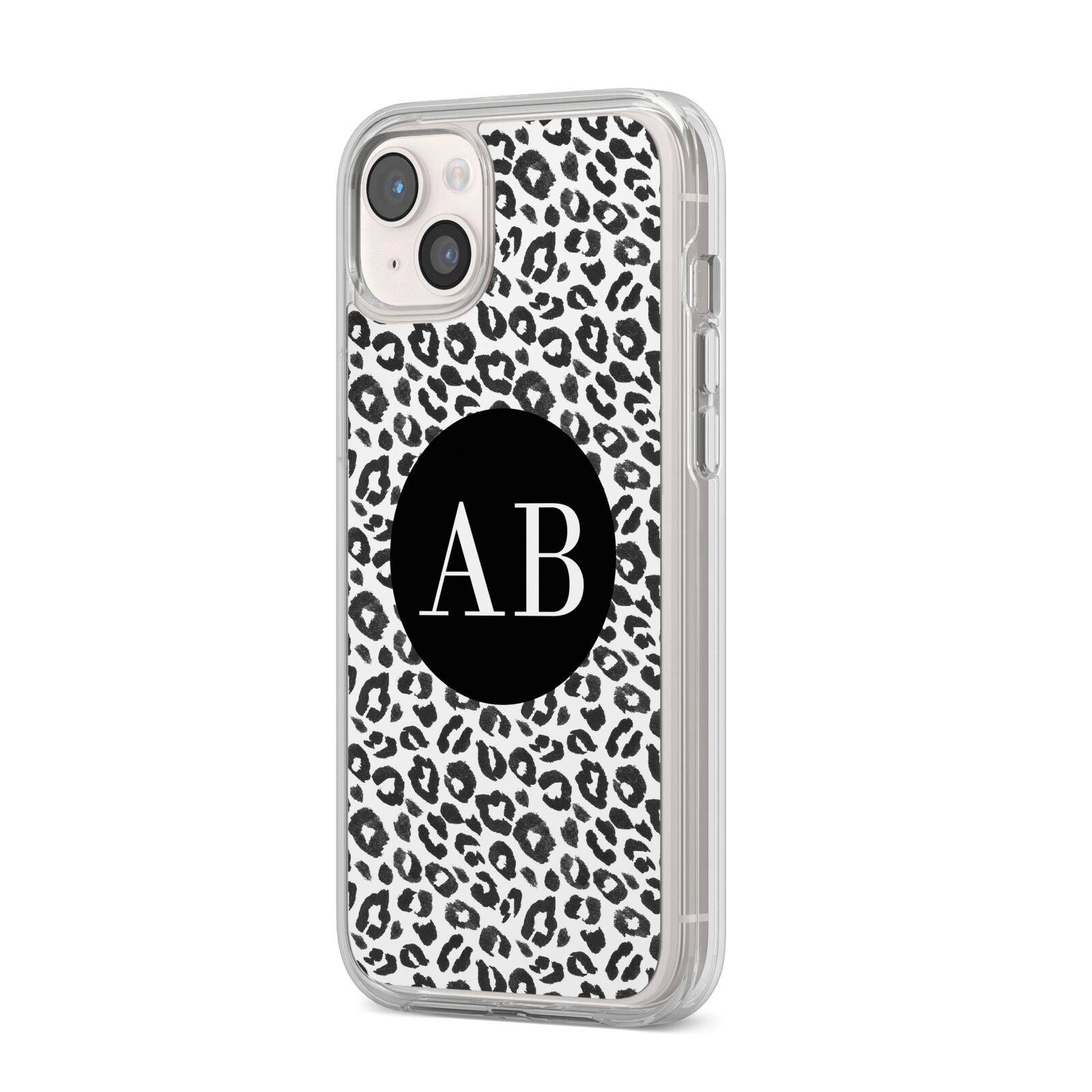 Leopard Print Black and White iPhone 14 Plus Clear Tough Case Starlight Angled Image